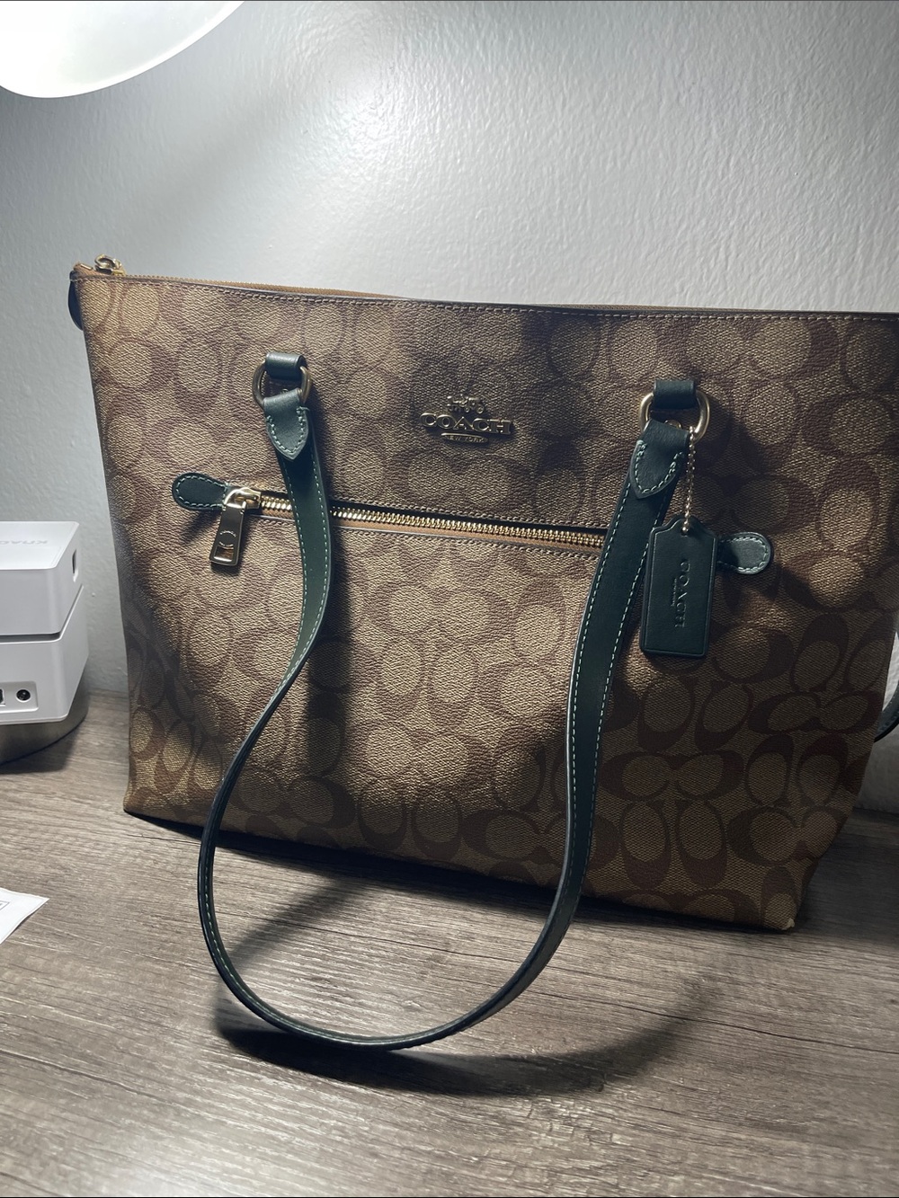 Coach Brown Monogram Tote with Dark Green Handles